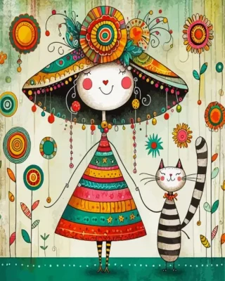 Whimsical Lady And Cat Paint By Numbers
