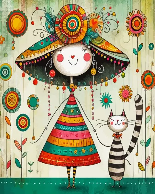 Whimsical lady and cat paint by number Whimsical Lady And Cat Paint By Numbers