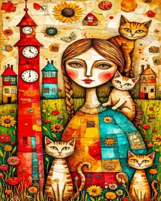 Whimsical Lady And Cats Paint By Numbers