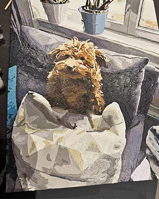 Cozy custom paint by numbers portrait of a dog resting on a sofa