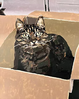 Curious tabby cat relaxing inside a cardboard box in a custom paint by numbers portrait