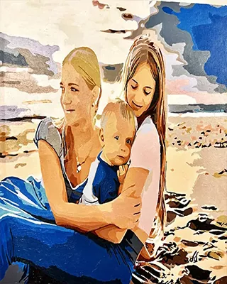 Custom family paint by numbers featuring two sisters hugging a toddler on a peaceful beach at sunset