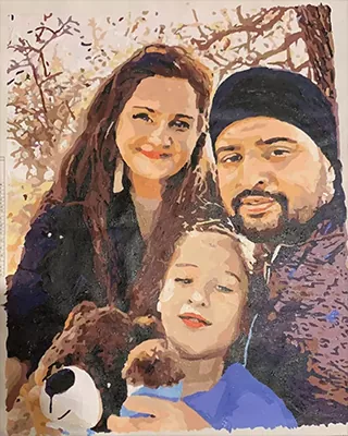 Custom paint by numbers family portrait featuring parents with their child and two beloved dogs