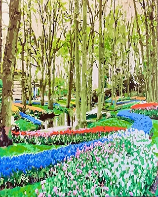 Custom paint by numbers of a blooming garden with colorful flower paths
