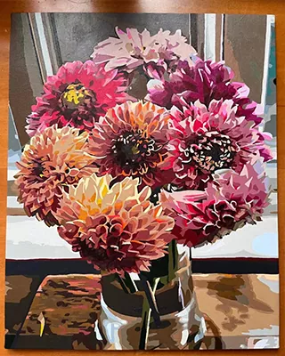 Custom paint by numbers of a colorful bouquet of blooming flowers in a vase
