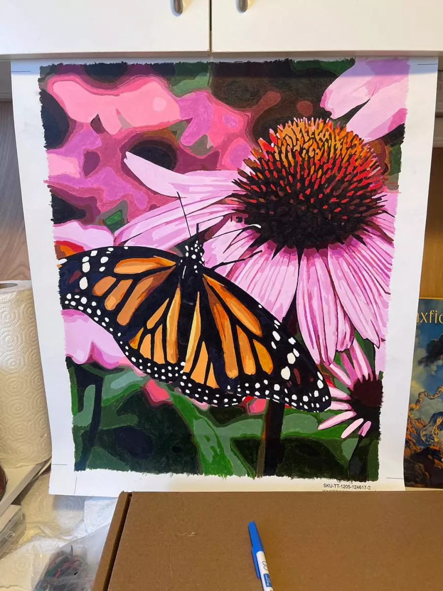 Custom paint by numbers of a monarch butterfly on vibrant pink flowers