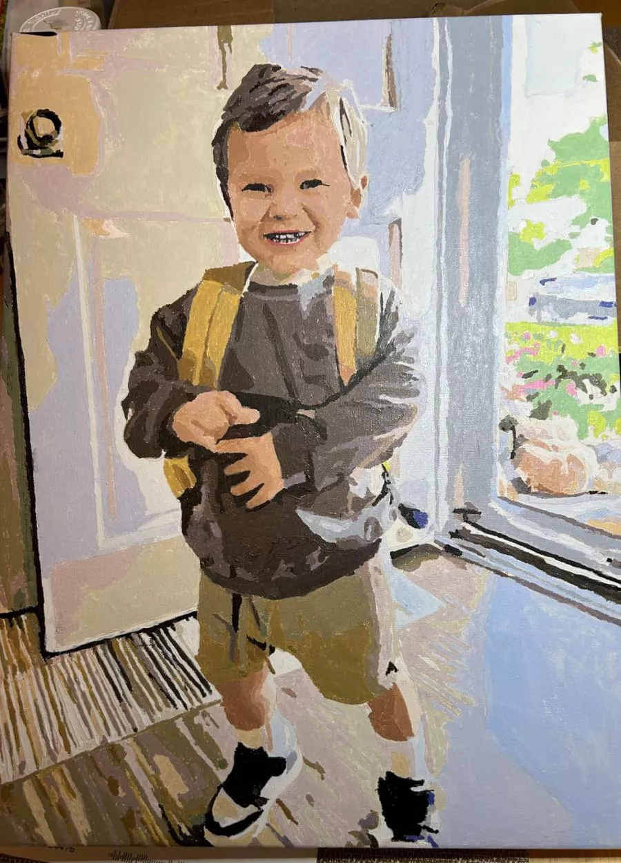 Custom paint by numbers of a smiling little boy with a backpack