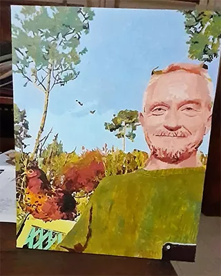 Custom paint by numbers of a smiling man outdoors with a bird perched beside him