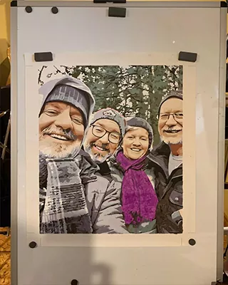 Custom paint by numbers of four friends smiling together outdoors in winter hats and scarves