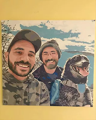 Custom paint by numbers of two friends smiling on a lakeside hike with their happy dog