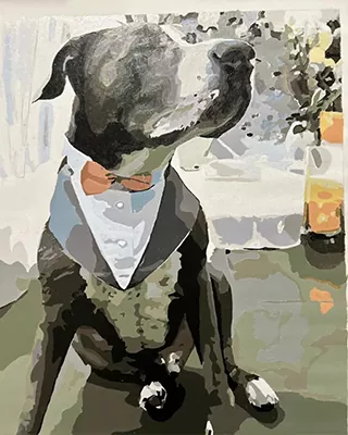 Custom paint by numbers portrait of a black and white dog wearing a bow tie