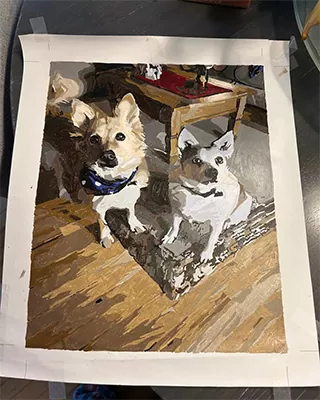 Custom paint by numbers portrait of two beloved dogs created from a favorite photo