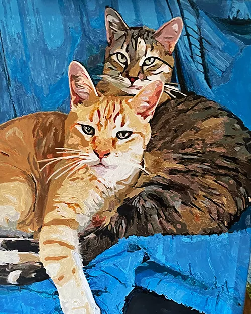 Custom paint by numbers portrait of two cuddling tabby cats
