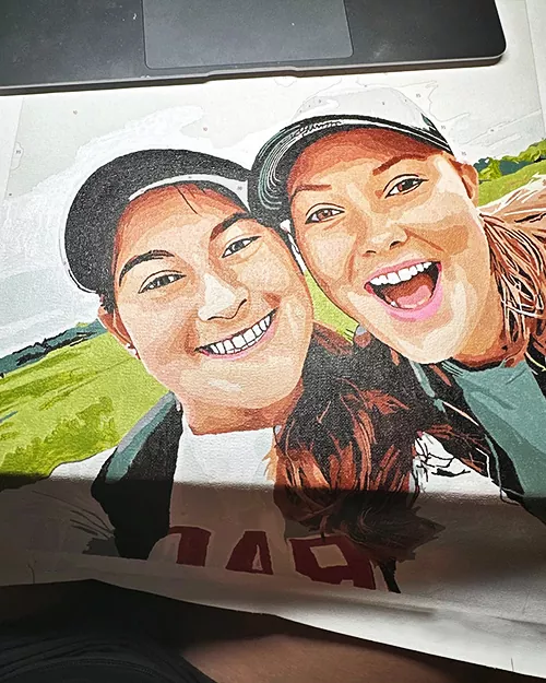 Custom paint by numbers portrait of two friends smiling outdoors
