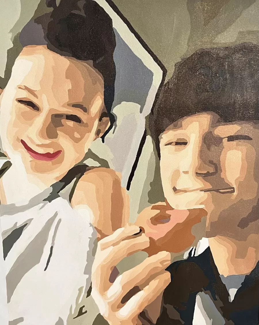 Custom paint by numbers portrait of two smiling children sharing an ice cream