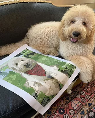 Dog beside its custom pet paint by numbers portrait