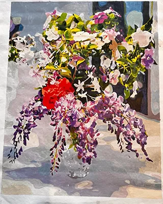 Elegant custom floral paint by numbers featuring a vibrant bouquet of blossoms in a glass vase by the window