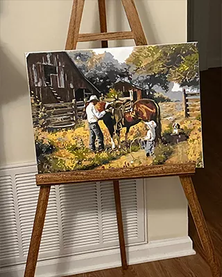 Farm scene transformed into a personalized paint by numbers canvas displayed on an easel