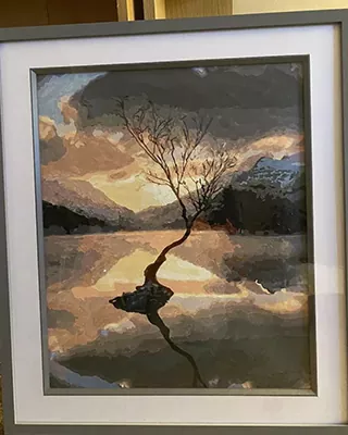 Framed custom paint by numbers of a lone tree reflected in a mountain lake