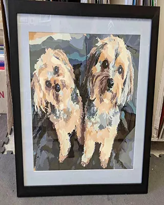 Framed custom paint by numbers portrait of two adorable dogs