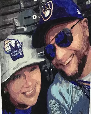Game day memories turned into a custom paint by numbers portrait of a smiling couple in baseball caps