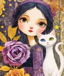 Purple Lady And White Cat Paint By Numbers