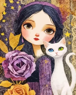 Purple Lady And White Cat Paint By Numbers