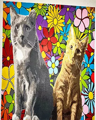 Two beloved cats transformed into a vibrant custom paint by numbers with a colorful floral backdrop