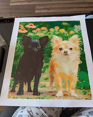 Two cherished dogs recreated as a personalized paint by numbers artwork with a vibrant floral background