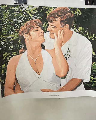 Wedding day smiles captured in a beautifully detailed custom painting