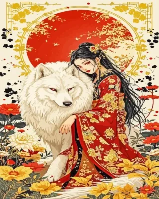 Asian Lady And Wolf Paint By Numbersé