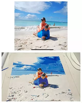 Beach photo recreated as a custom paint by numbers portrait of an adult and child