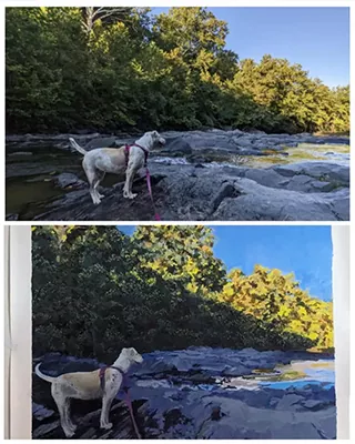 Before and after custom paint by numbers portrait of a white dog standing beside a rocky river