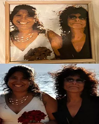 Before and after custom paint by numbers portrait of two women by the beach