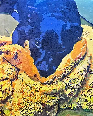 Black dog resting on a colorful blanket in a custom paint by numbers portrait