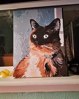 Blue eyed Siamese cat sitting by a window in custom artwork