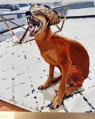 Brown dog wearing a playful hat in a custom paint by numbers portrait