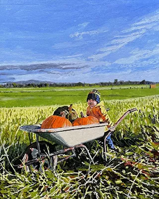 Child with a wheelbarrow of pumpkins in a custom paint by numbers countryside scene
