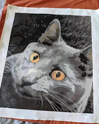 Close up custom paint by numbers portrait of a gray cat with bright golden eyes