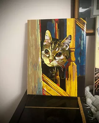 Colorful custom paint by numbers portrait of a cat peeking through a doorway