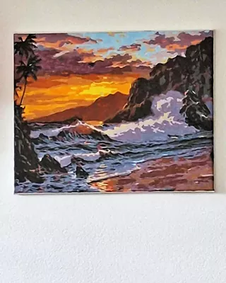 Colorful ocean sunset with crashing waves in a custom paint by numbers landscape