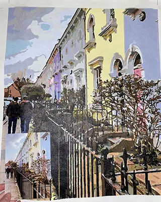 Colorful row of historic buildings recreated as a custom paint by numbers streetscape