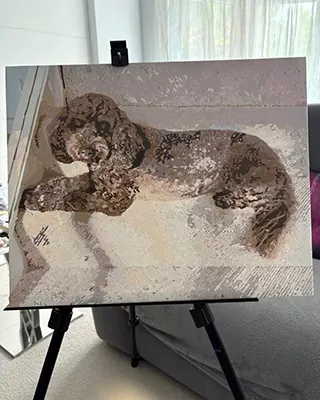Curly haired brown dog relaxing on a bed in a personalized paint by numbers portrait