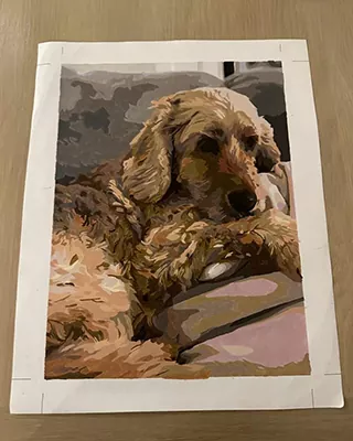 Curly-haired dog resting comfortably in a custom paint by numbers portrait