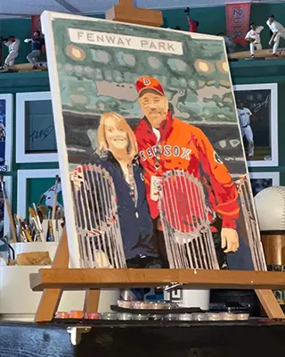 Custom baseball portrait of a couple posing at Fenway Park