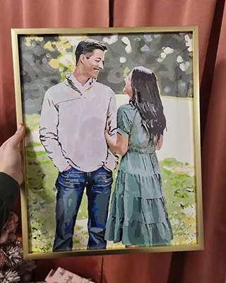 Custom couple portrait of two people smiling together in a sunny park