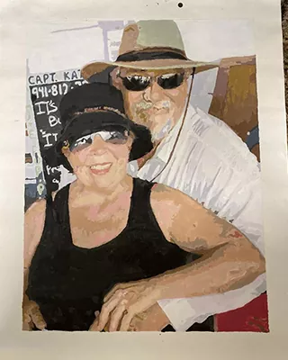 Custom couple portrait of two people wearing sun hats and smiling together