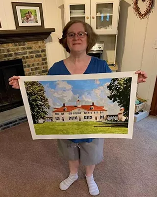 Custom diamond painting of a historic white mansion with a red roof and green lawn