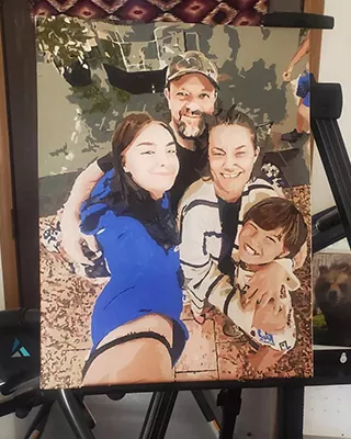 Custom family portrait of four smiling family members posing for a group selfie