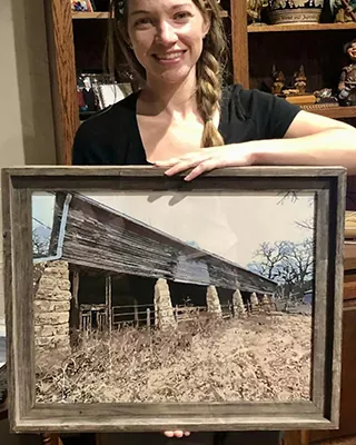 Custom landscape painting of a rustic stone barn in the countryside